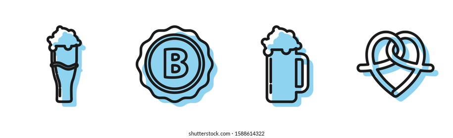 Set line Glass of beer, Glass of beer, Bottle cap with inscription beer and Pretzel icon. Vector