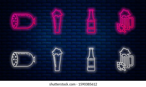Set line Glass of beer, Beer bottle, Salami sausage and Glass of beer and hop. Glowing neon icon on brick wall. Vector
