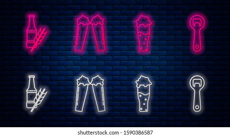 Set line Glass of beer, Glass of beer, Beer bottle and Bottle opener. Glowing neon icon on brick wall. Vector