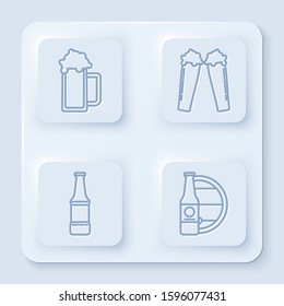 Set line Glass of beer, Glass of beer, Beer bottle and Beer bottle and wooden barrel. White square button. Vector