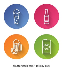 Set line Glass of beer, Beer bottle, Glass of beer and hop and Beer can. Color circle button. Vector