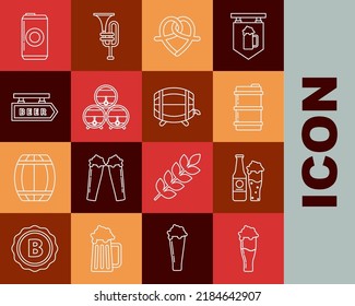 Set line Glass of beer, Beer bottle and glass, Metal keg, Pretzel, Wooden barrel on rack with stopcock, Street signboard inscription, can and  icon. Vector