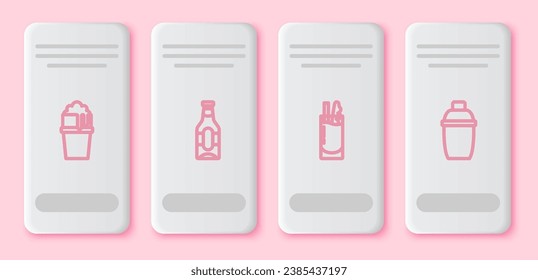 Set line Glass of beer, Beer bottle, Cocktail Bloody Mary and shaker. White rectangle button. Vector