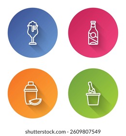 Set line Glass of beer, Beer bottle, Cocktail shaker with lime and Champagne in an ice bucket. Color circle button. Vector