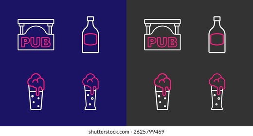 Set Linie Glas Bier, Bierflasche und Straßenschild mit Pub-Symbol. Vektorgrafik