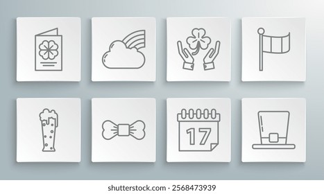 Set line Glass of beer, Bow tie, Saint Patrick's day calendar, Leprechaun hat, Human hands holding four leaf clover, National Ireland flag and Patricks Day flyer, brochure, postcard icon. Vector