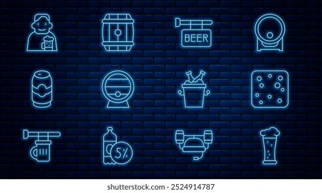 Set línea de vidrio de cerveza, burbujas de cerveza, letrero de la calle con, barril de madera en el estante, lata, hombre feliz, botellas en cubo de hielo e icono. Vector