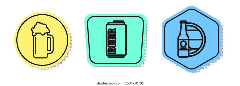 Set line Glass of beer, Beer can and Beer bottle and wooden barrel. Colored shapes. Vector
