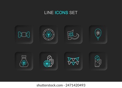 Set line Glass of beer, Carnival garland with flags, Money bag clover, Balloon trefoil leaf, Leprechaun boot, Golden leprechaun coin and Bow tie icon. Vector