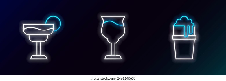 Set line Glass of beer, Cocktail and Wine glass icon. Glowing neon. Vector