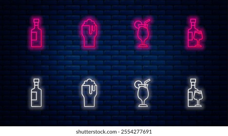 Set line Glass of beer, Cocktail, Wine bottle and with glass. Glowing neon icon on brick wall. Vector