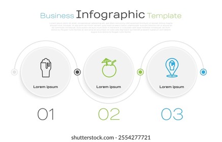 Set line Glass of beer, Coconut cocktail and Alcohol or bar location. Business infographic template. Vector