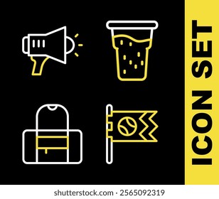 Set line Glass of beer, Flag with baseball ball, Sport bag and Megaphone icon. Vector