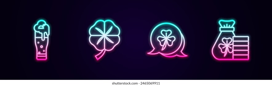 Set Linie Glas Bier, Vier Blatt Klee, Klee Kleeblatt und Geldbeutel mit. Leuchtendes Neon-Symbol. Vektorgrafik