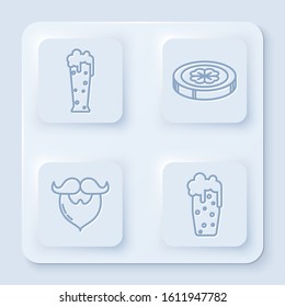 Set line Glass of beer, Gold coin with four leaf clover, Mustache and beard and Glass of beer. White square button. Vector