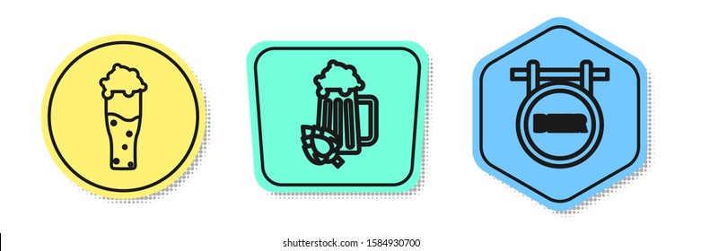 Set line Glass of beer, Glass of beer and hop and Street signboard with inscription Beer. Colored shapes. Vector