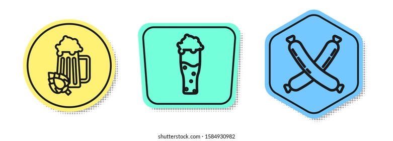 Set line Glass of beer and hop, Glass of beer and Crossed sausage. Colored shapes. Vector
