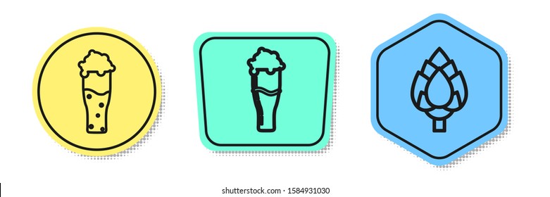 Set line Glass of beer, Glass of beer and Hop. Colored shapes. Vector