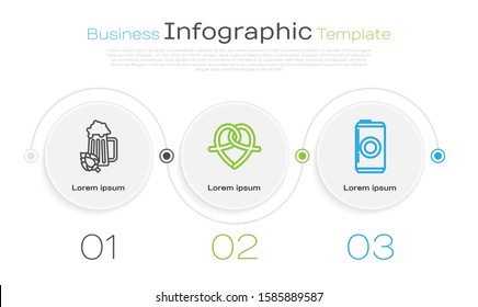 Set line Glass of beer and hop, Pretzel and Beer can. Business infographic template. Vector