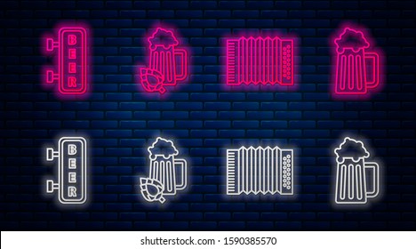 Set line Glass of beer and hop, Musical instrument accordion, Street signboard with inscription Beer and Wooden beer mug. Glowing neon icon on brick wall. Vector