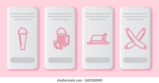 Set line Glass of beer, Glass of beer and hop, Oktoberfest hat and Crossed sausage. White rectangle button. Vector