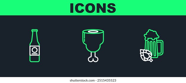 Set line Glass of beer and hop, Beer bottle and Chicken leg icon. Vector