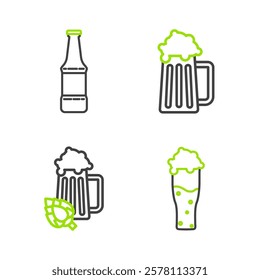 Set line Glass of beer, and hop, Wooden mug and Beer bottle icon. Vector