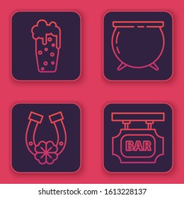 Set line Glass of beer, Horseshoe with four leaf clover, Witch cauldron and Street signboard with inscription Bar. Blue square button. Vector