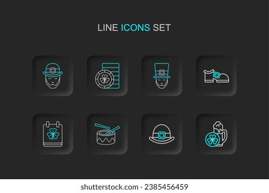 Set line Glass of beer, Leprechaun hat, Drum with drum sticks, Saint Patricks day calendar, boot, Golden leprechaun coin and  icon. Vector