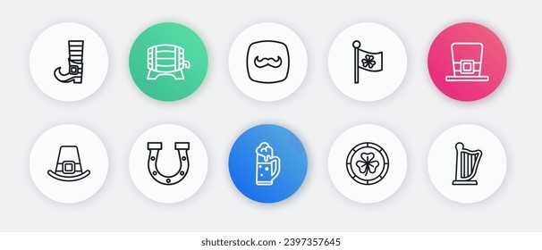 Set line Glass of beer, Leprechaun hat, Golden leprechaun coin, Ireland flag with clover, Mustache, Harp and Horseshoe icon. Vector