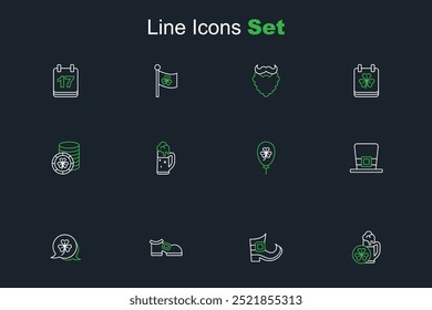 Set line Glass of beer, Leprechaun boot, Clover trefoil leaf, hat, Balloon with clover,  and Golden leprechaun coin icon. Vector