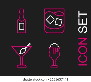 Definir linha Vidro de cerveja, vidro Martini, uísque e ícone garrafa de champanhe. Vetor