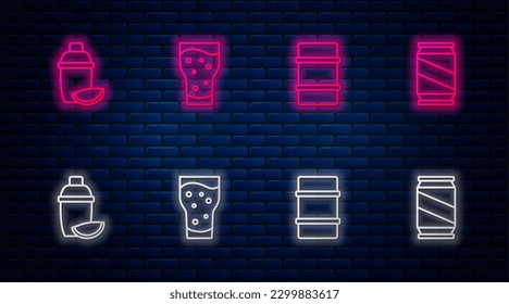 Set line Glass of beer, Metal keg, Cocktail shaker with lime and Beer can. Glowing neon icon on brick wall. Vector