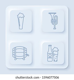 Set line Glass of beer, Musical instrument trumpet, Wooden barrel on rack with stopcock and Beer bottle and glass. White square button. Vector