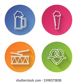 Set line Glass of beer, Glass of beer, Musical instrument drum and drum sticks and Pretzel. Color circle button. Vector