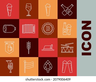 Set line Glass of beer, Musical instrument drum and drum sticks, Beer bottle glass, accordion, Salami sausage,  and Bottle cap with inscription icon. Vector