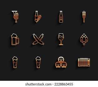 Set line Glass of beer, Musical instrument trumpet, Wooden barrel on rack with stopcock, accordion, Crossed sausage, Hop and  icon. Vector