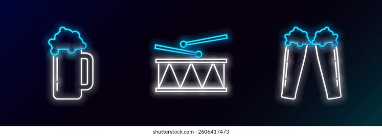 Set line Glass of beer,  and Musical instrument drum and drum sticks icon. Glowing neon. Vector