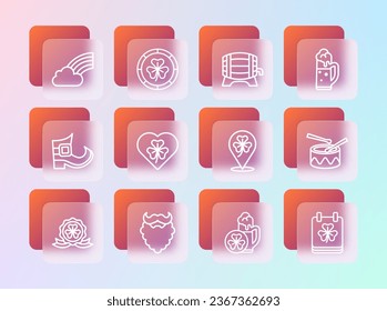 Set line Glass of beer, Mustache and beard, Clover trefoil leaf, Heart with clover, Wooden barrel on rack, Rainbow cloud and Golden leprechaun coin icon. Vector