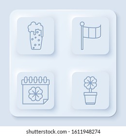 Set line Glass of beer, National Ireland flag, Saint Patricks day with calendar and Four leaf clover in pot. White square button. Vector