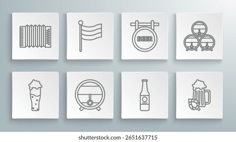 Set line Vidro de cerveja, bandeira da Alemanha Nacional, Barril de madeira com torneira, garrafa de cerveja e salto, Inscrição de tabuleta de rua, e Ícone acordeão instrumento musical. Vetor