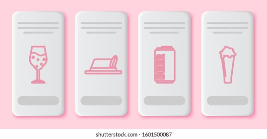 Set line Glass of beer, Oktoberfest hat, Beer can and Glass of beer. White rectangle button. Vector