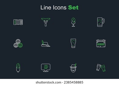 Set line Glass of beer, Oktoberfest man, Wooden mug, Salami sausage, Street signboard with Beer, hat and barrel icon. Vector