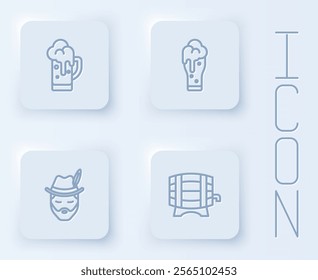 Set line Glass of beer, Oktoberfest man and Wooden barrel on rack. White square button. Vector