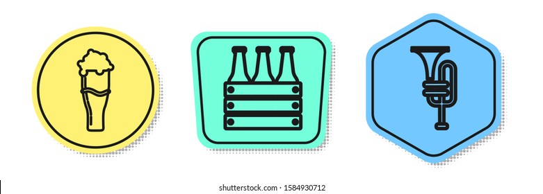 Set line Glass of beer, Pack of beer bottles and Musical instrument trumpet. Colored shapes. Vector