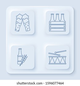 Set line Glass of beer, Pack of beer bottles, Beer bottle and Musical instrument drum and drum sticks. White square button. Vector