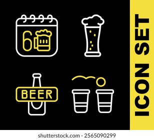 Set line Glass of beer, Beer pong game, bottle and Saint Patricks day calendar icon. Vector