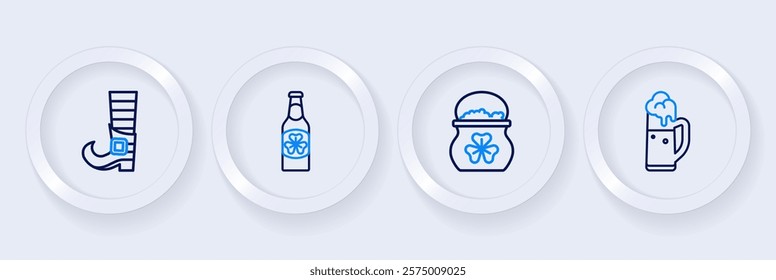 Set line Glass of beer, Pot gold coins, Beer bottle with clover and Leprechaun boot icon. Vector