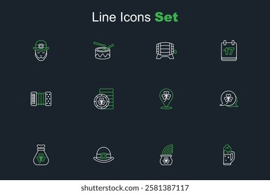 Set line Glass of beer, Pot gold with rainbow, Leprechaun hat, Money bag clover, Clover trefoil leaf, Golden leprechaun coin and Accordion icon. Vector