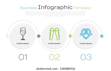 Set line Glass of beer, Glass of beer and Pretzel. Business infographic template. Vector